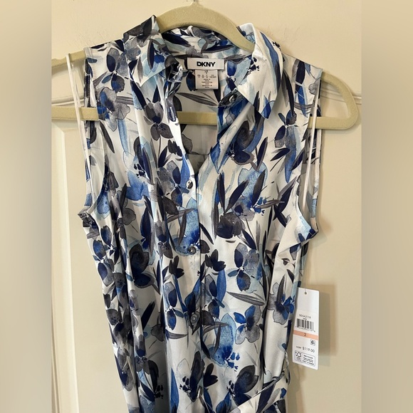 DKNY Floral Blue and White Belted Sleeveless Dress Women’s Size 2 - Picture 9 of 14
